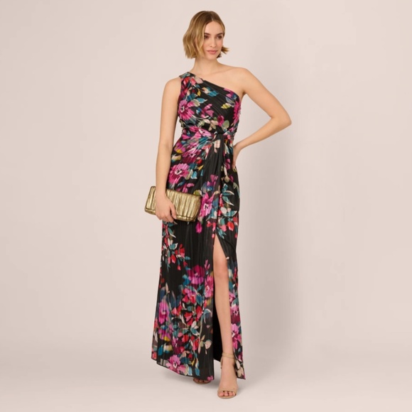 Adrianna Papell One Shoulder Metallic Floral Stripe Gown - Picture 2 of 7